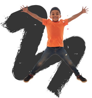 A child in an orange shirt and jeans jumps joyfully against a black background with bold, stylized number 11 in gray. The mood is energetic and fun.