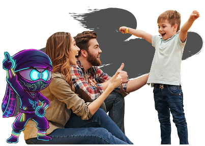 A joyful boy with arms raised stands in front of smiling parents giving thumbs up. A colorful cartoon ninja character poses beside them, adding fun and whimsy.