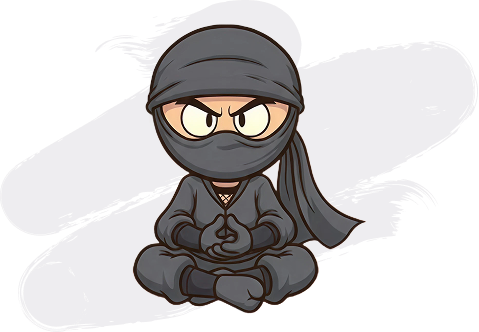 A cartoon ninja in black attire sits cross-legged against a dark background, hands together, eyes wide and focused, conveying determination and stealth.