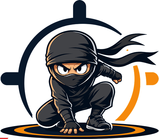 Cartoon ninja crouching with intense eyes, dressed in black, set against a dynamic circular background. The mood is stealthy and intense.