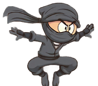 Cartoon ninja in black attire mid-jump against a dark background, arms spread wide with an intense, focused expression. Dynamic and action-oriented.