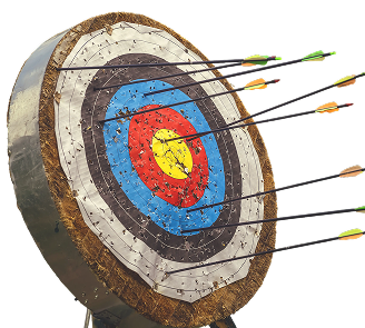 A straw archery target with multiple concentric circles is hit by arrows, most near the center, against a black background, conveying precision.